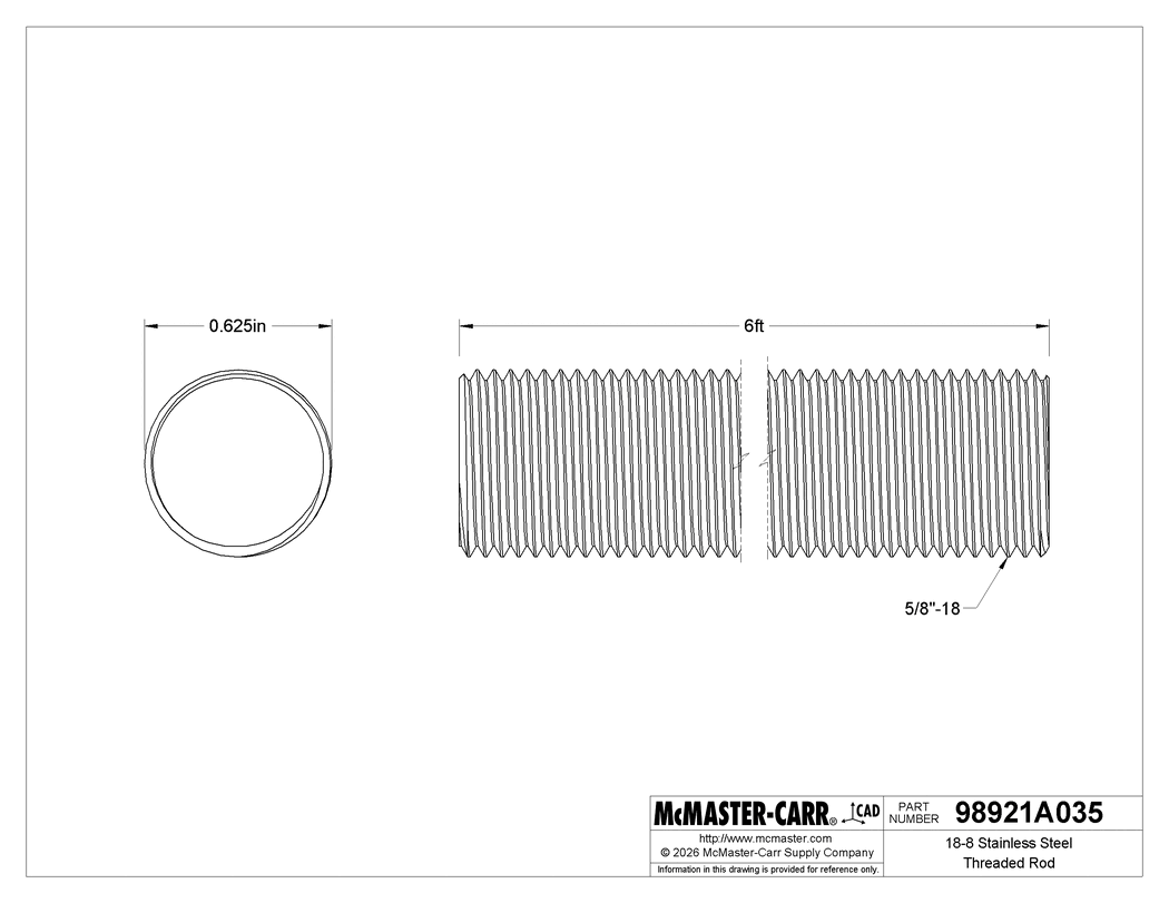 Technical Drawing of 18-8 Stainless Steel Threaded Rod, 5/8"-18 Thread Size, 6 Feet Long.